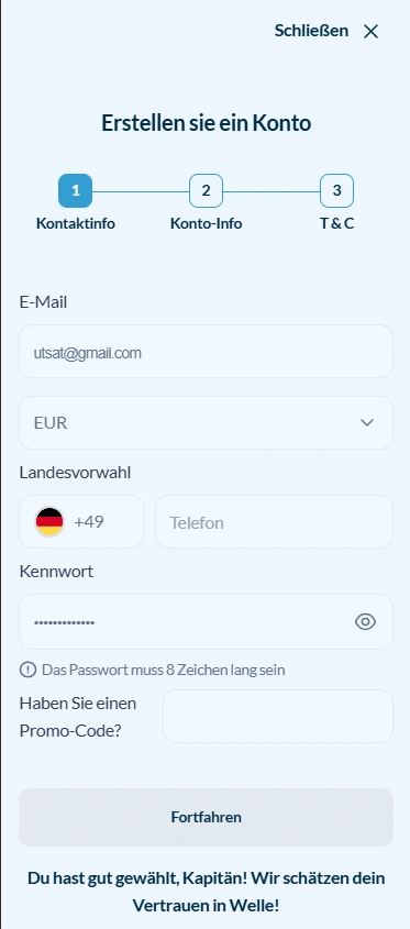welle mobile signup page